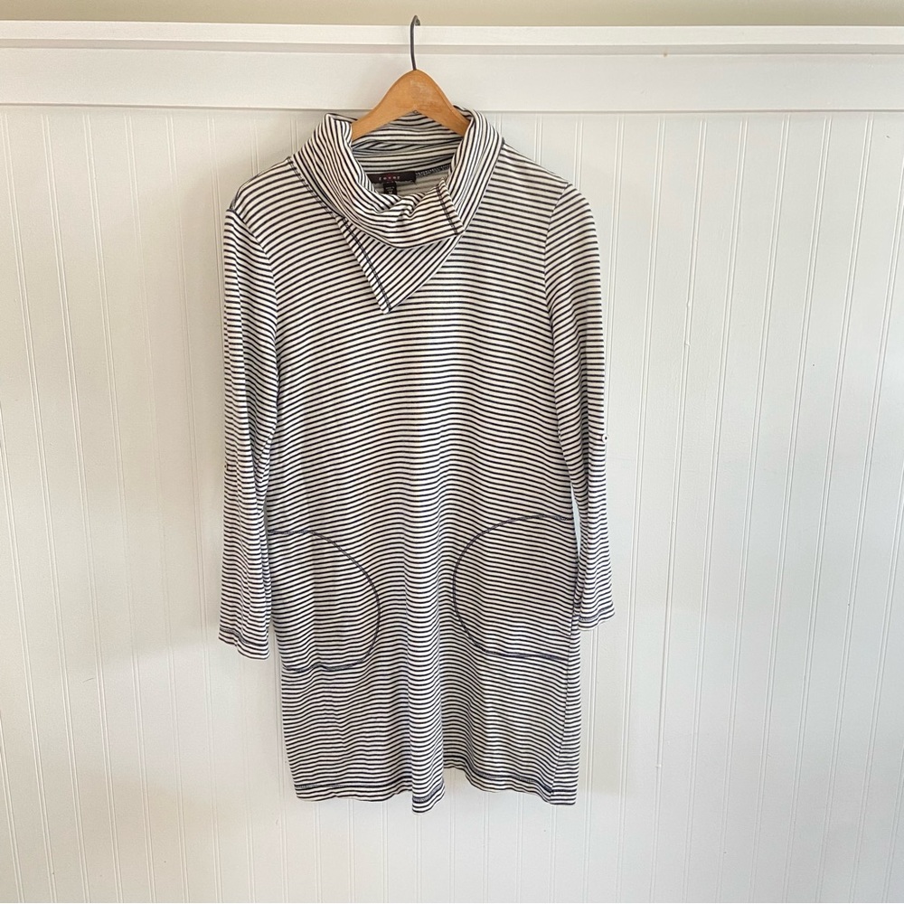 French Coastal Style Fever London Grey and White Striped Cowl Neck Dress